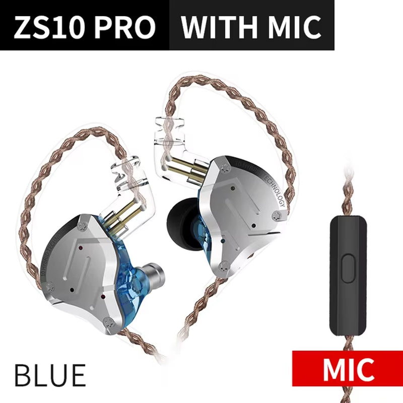 ZS10 Pro Blue Noise Cancelling Earphones Metal Headset 4BA+1DD Hybrid 10 Drivers HIFI Bass Earbuds in Ear Monitor Headphones
