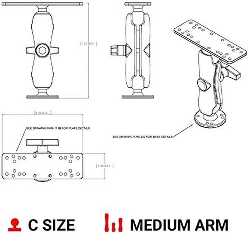 National Products 6 1/4-Inch X 2-Inch Marine Ram Universal Electronic Mount, 1-1/2-Inch Ball, 5-Inch Arm