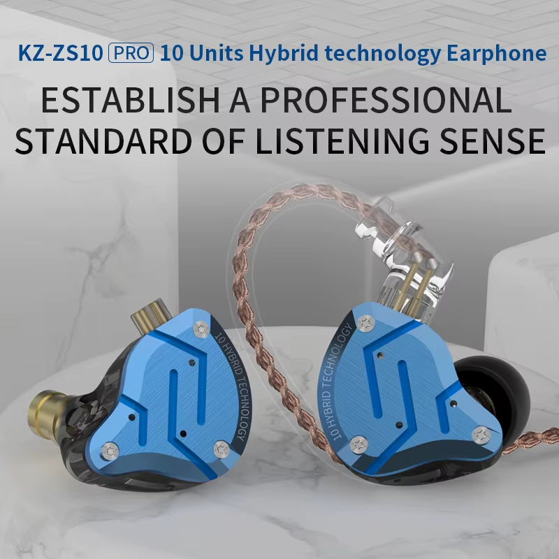 ZS10 Pro Blue Noise Cancelling Earphones Metal Headset 4BA+1DD Hybrid 10 Drivers HIFI Bass Earbuds in Ear Monitor Headphones