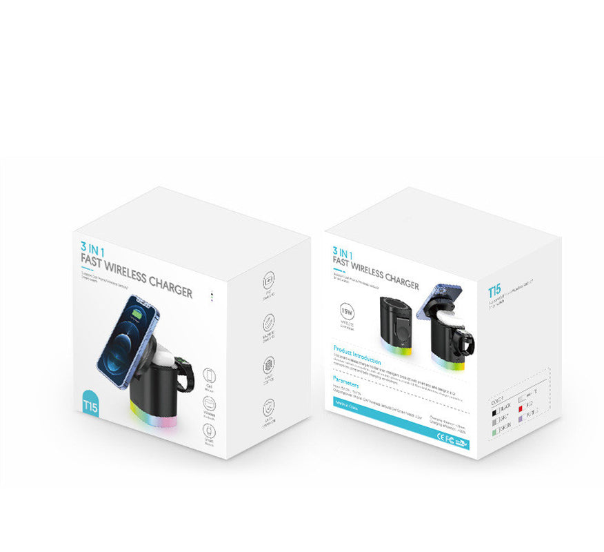 3 in 1 Magnetic Wireless Fast Charger for Smart Phone RGB Ambient Light Charging Station for Airpods Iwatch