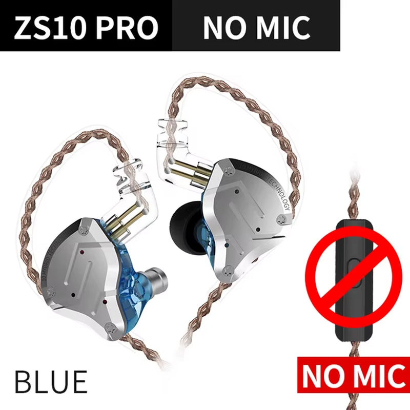 ZS10 Pro Blue Noise Cancelling Earphones Metal Headset 4BA+1DD Hybrid 10 Drivers HIFI Bass Earbuds in Ear Monitor Headphones
