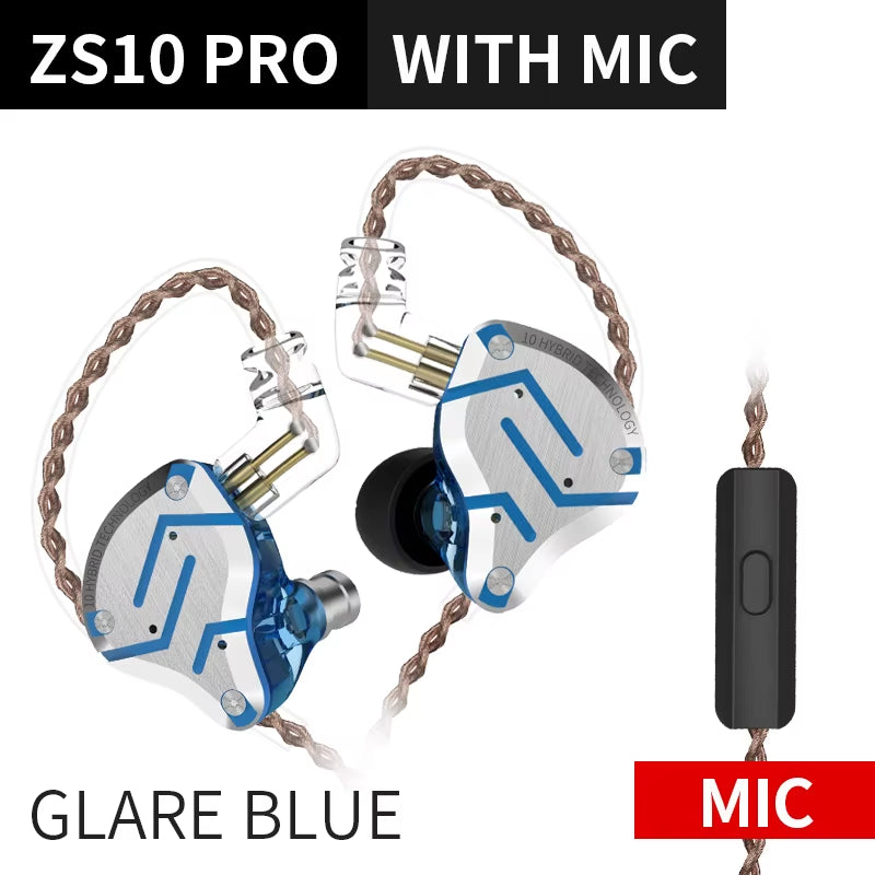 ZS10 Pro Blue Noise Cancelling Earphones Metal Headset 4BA+1DD Hybrid 10 Drivers HIFI Bass Earbuds in Ear Monitor Headphones